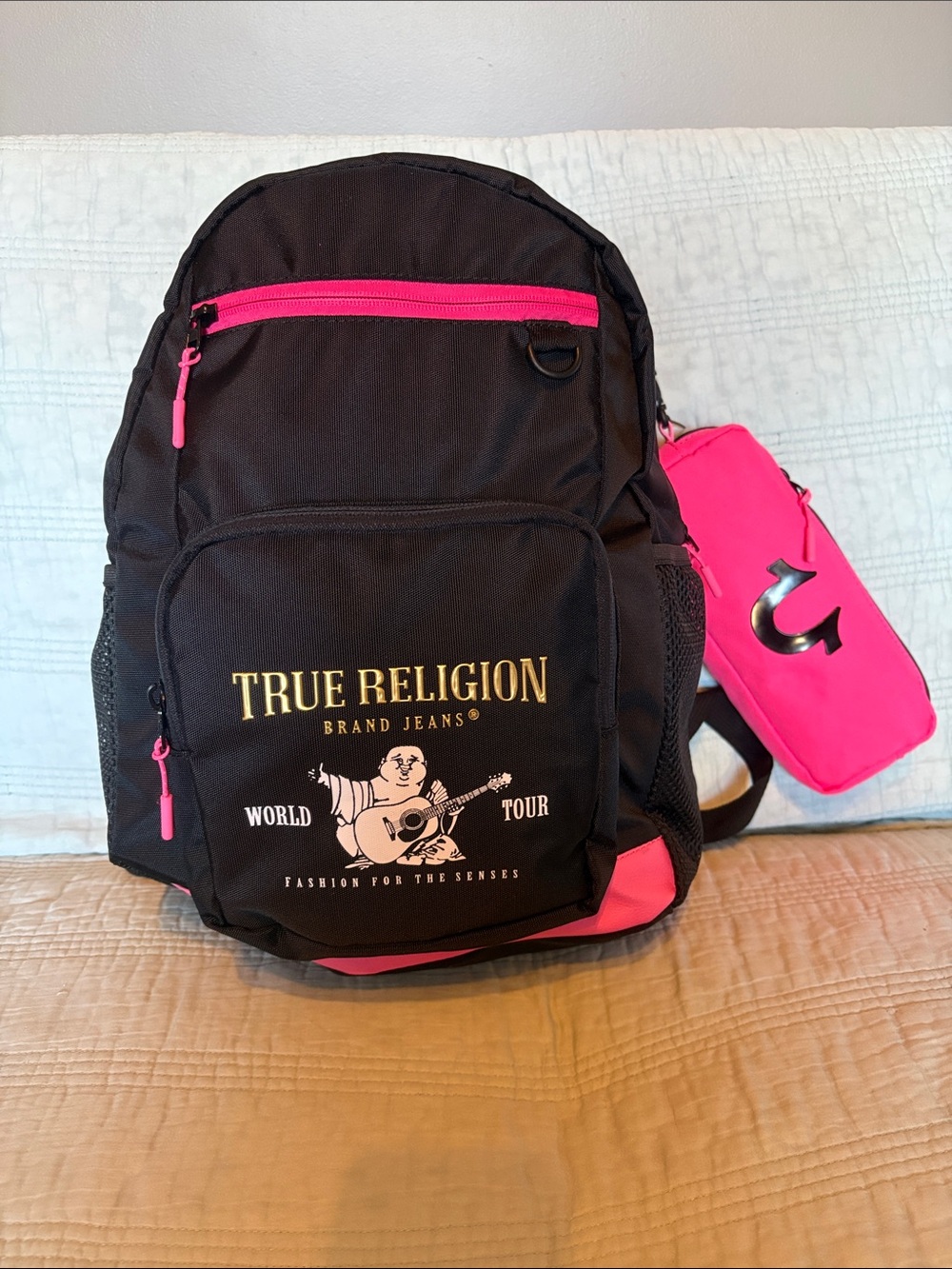 True Religion Black & Hot Pink Logo Backpack with Matching Pouch